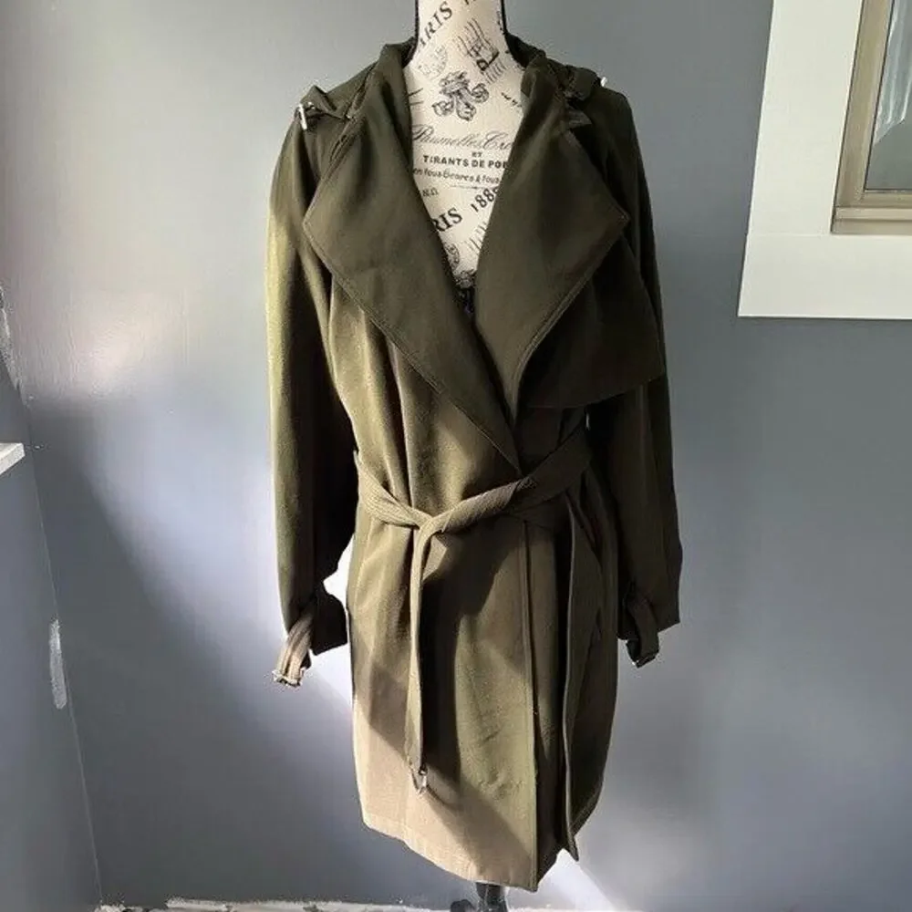 NWT Rachel Roy dark green water repellent crepe hooded trench coat w/ pockets - Picture 3 of 12
